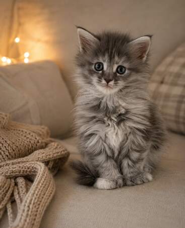 Maple, a blue tabby and white Maine Coon kitten, sitting on a couch